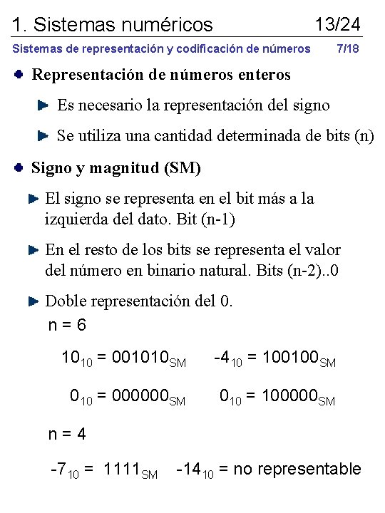 1. Sistemas numéricos 13/24 Sistemas de representación y codificación de números 7/18 Representación de