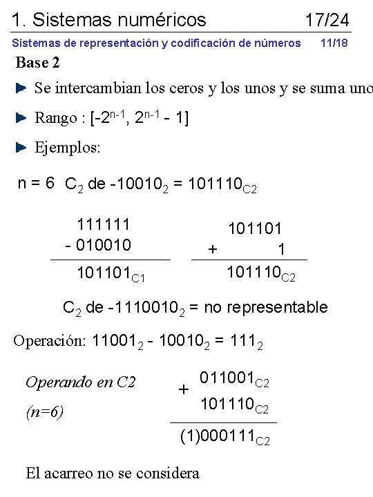 1. Sistemas numéricos 17/24 Sistemas de representación y codificación de números 11/18 Base 2