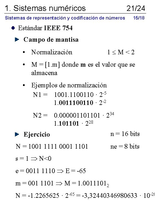 1. Sistemas numéricos 21/24 Sistemas de representación y codificación de números 15/18 Estándar IEEE