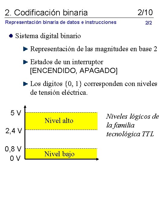 2. Codificación binaria 2/10 Representación binaria de datos e instrucciones 2/2 Sistema digital binario