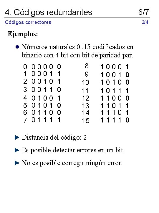 4. Códigos redundantes 6/7 3/4 Códigos correctores Ejemplos: Números naturales 0. . 15 codificados