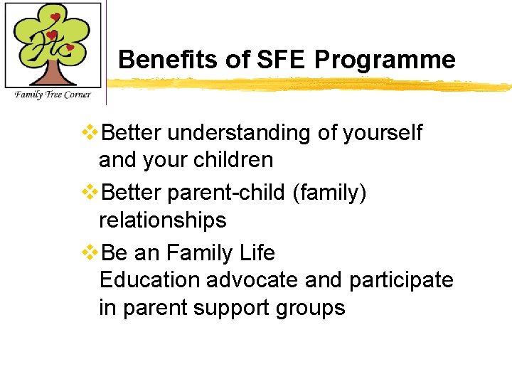 Benefits of SFE Programme v. Better understanding of yourself and your children v. Better