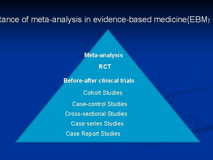 tance of meta-analysis in evidence-based medicine(EBM) Meta-analysis RCT Before-after clinical trials Cohort Studies Case-control