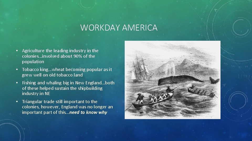 WORKDAY AMERICA • Agriculture the leading industry in the colonies…involved about 90% of the