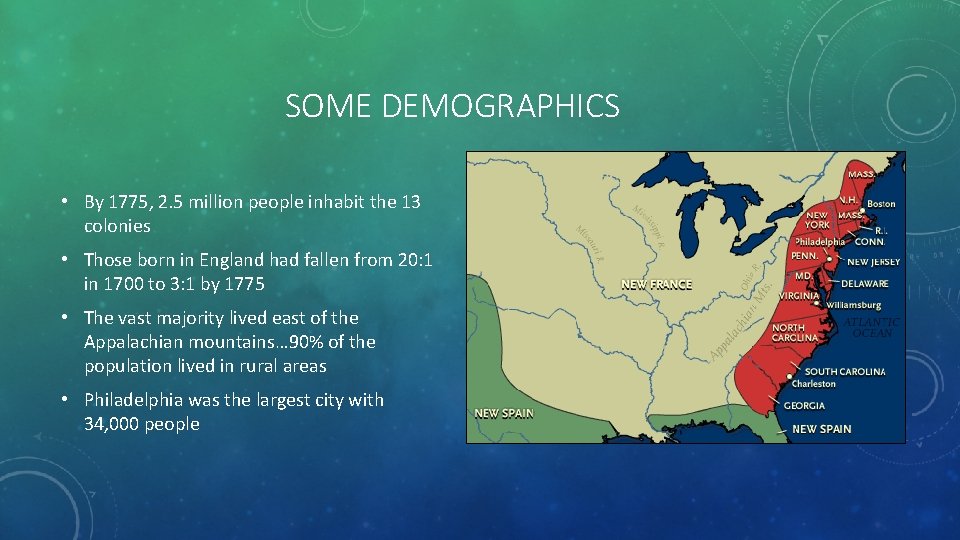 SOME DEMOGRAPHICS • By 1775, 2. 5 million people inhabit the 13 colonies •