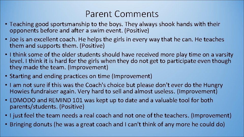 Parent Comments • Teaching good sportsmanship to the boys. They always shook hands with