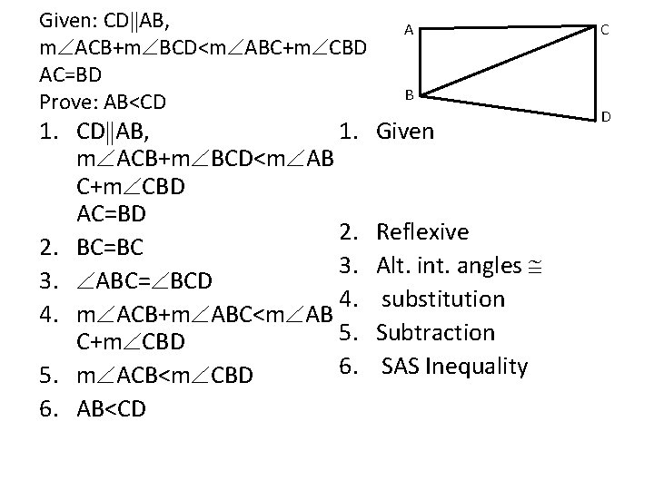 Given: CD AB, m ACB+m BCD<m ABC+m CBD AC=BD Prove: AB<CD 1. CD AB,