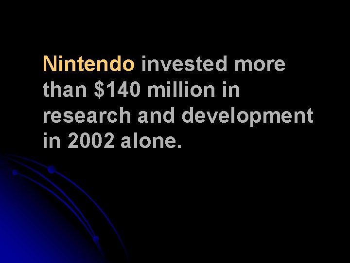 Nintendo invested more than $140 million in research and development in 2002 alone. Nintendo invested more than $140 million in research and development in 2002 alone.