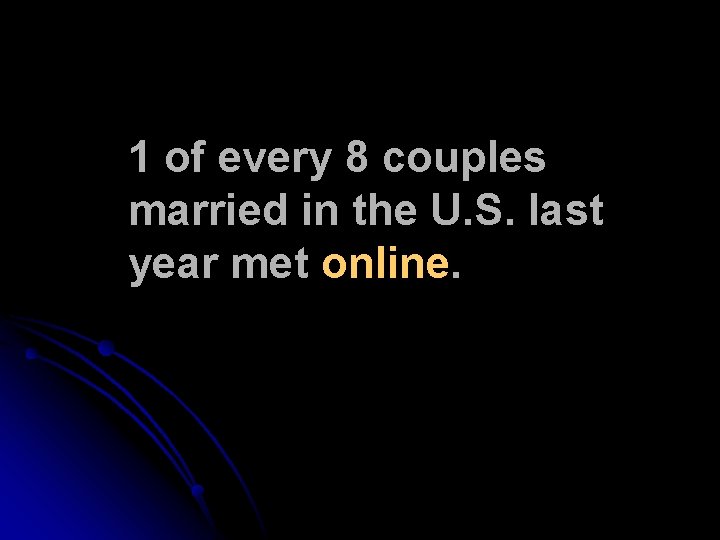 1 of every 8 couples married in the U. S. last year met online. 1 of every 8 couples married in the U. S. last year met online.
