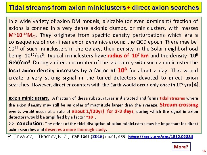 Tidal streams from axion miniclusters + direct axion searches In a wide variety of