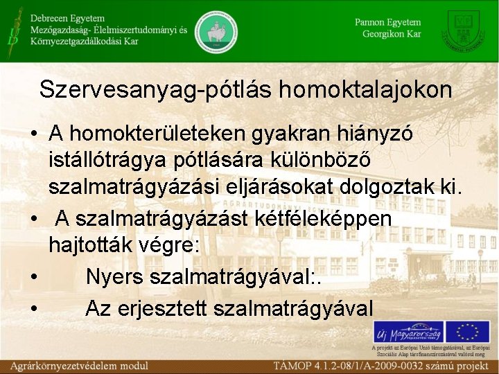 Szervesanyag-pótlás homoktalajokon • A homokterületeken gyakran hiányzó istállótrágya pótlására különböző szalmatrágyázási eljárásokat dolgoztak ki. Szervesanyag-pótlás homoktalajokon • A homokterületeken gyakran hiányzó istállótrágya pótlására különböző szalmatrágyázási eljárásokat dolgoztak ki.