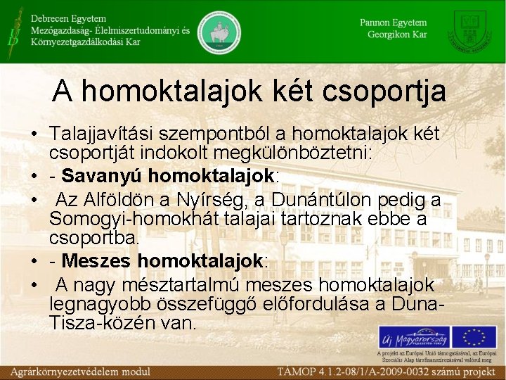 A homoktalajok két csoportja • Talajjavítási szempontból a homoktalajok két csoportját indokolt megkülönböztetni: •