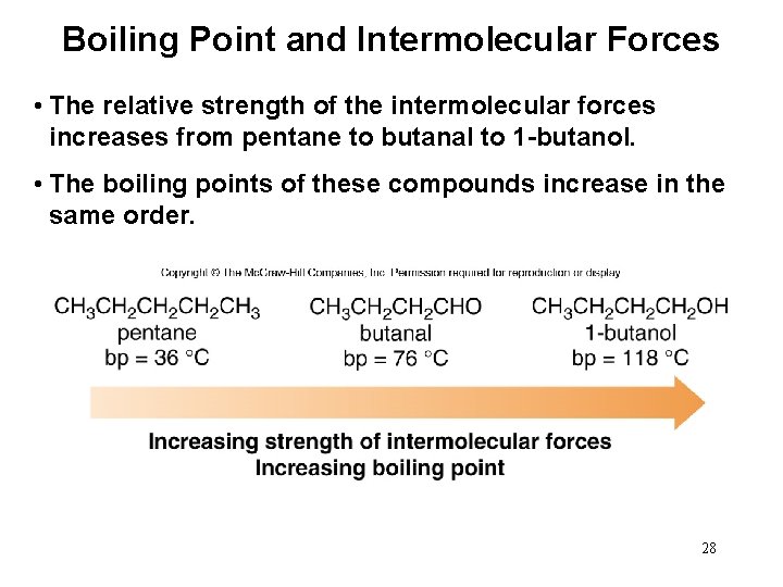Boiling Point and Intermolecular Forces • The relative strength of the intermolecular forces increases