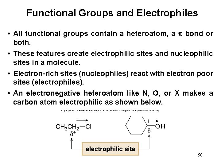 Functional Groups and Electrophiles • All functional groups contain a heteroatom, a bond or