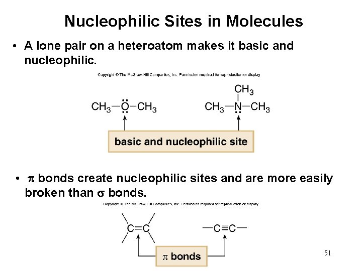 Nucleophilic Sites in Molecules • A lone pair on a heteroatom makes it basic