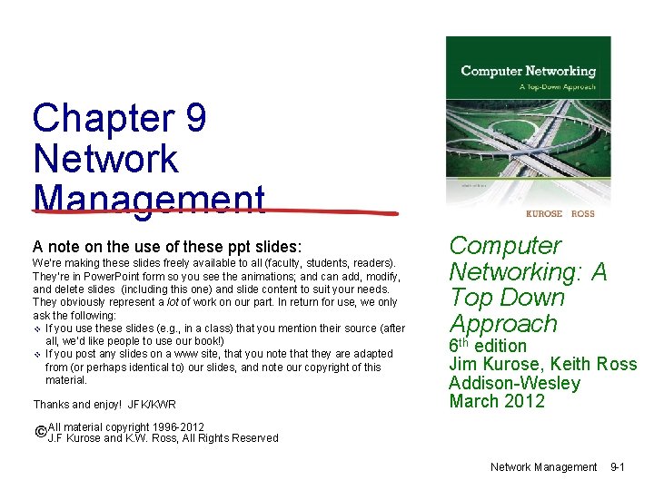 Chapter 9 Network Management A note on the use of these ppt slides: We’re