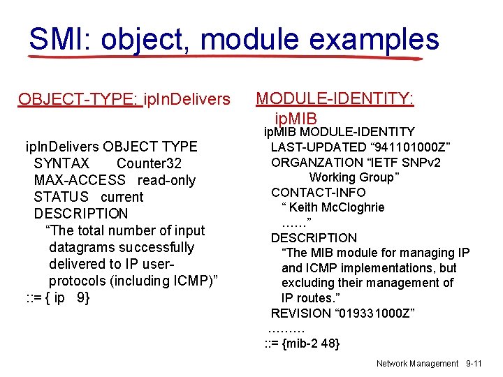 SMI: object, module examples OBJECT-TYPE: ip. In. Delivers OBJECT TYPE SYNTAX Counter 32 MAX-ACCESS