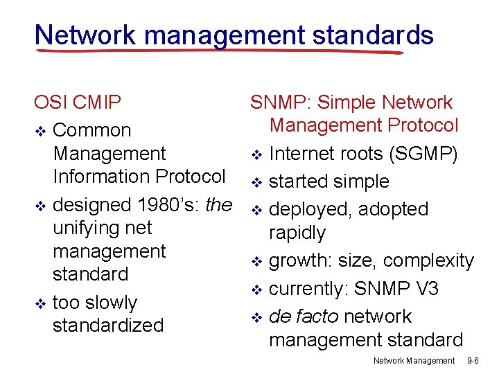Network management standards OSI CMIP SNMP: Simple Network Management Protocol v Common Management v