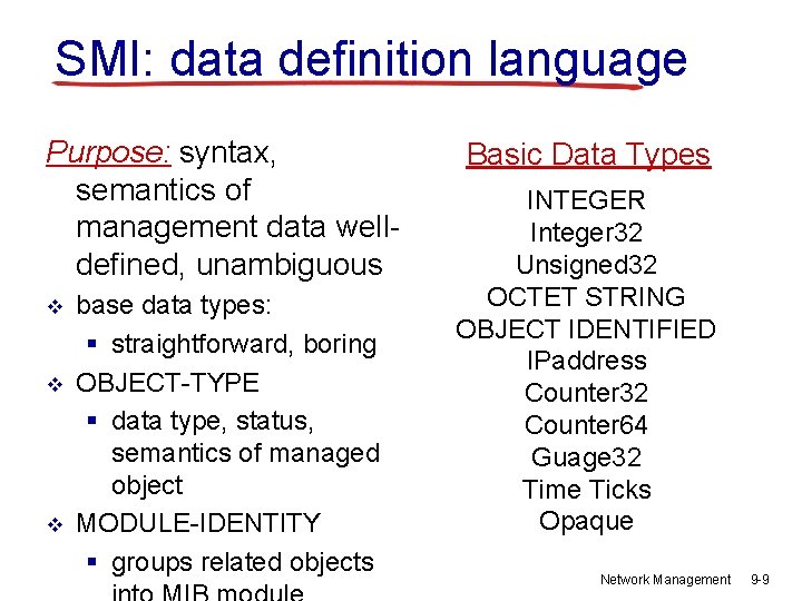 SMI: data definition language Purpose: syntax, semantics of management data welldefined, unambiguous v v