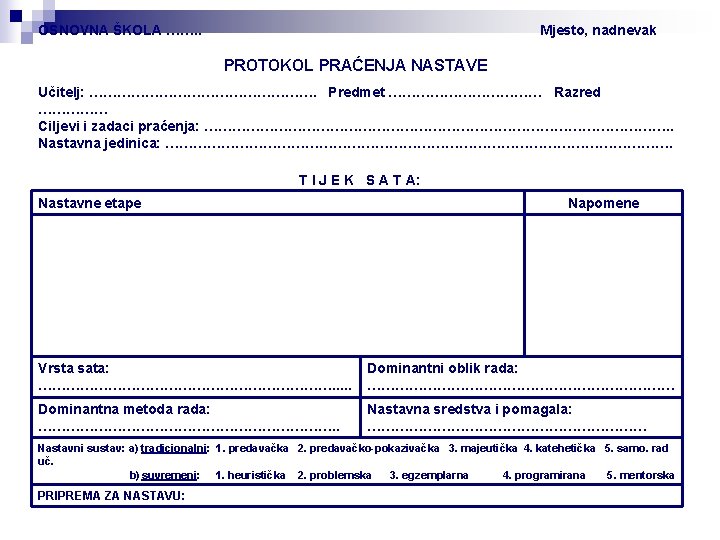 OSNOVNA ŠKOLA ……. . Mjesto, nadnevak PROTOKOL PRAĆENJA NASTAVE Učitelj: ……………………. Predmet ……………… Razred