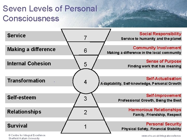 Seven Levels of Personal Consciousness Social Responsibility Service 7 Making a difference 6 Internal