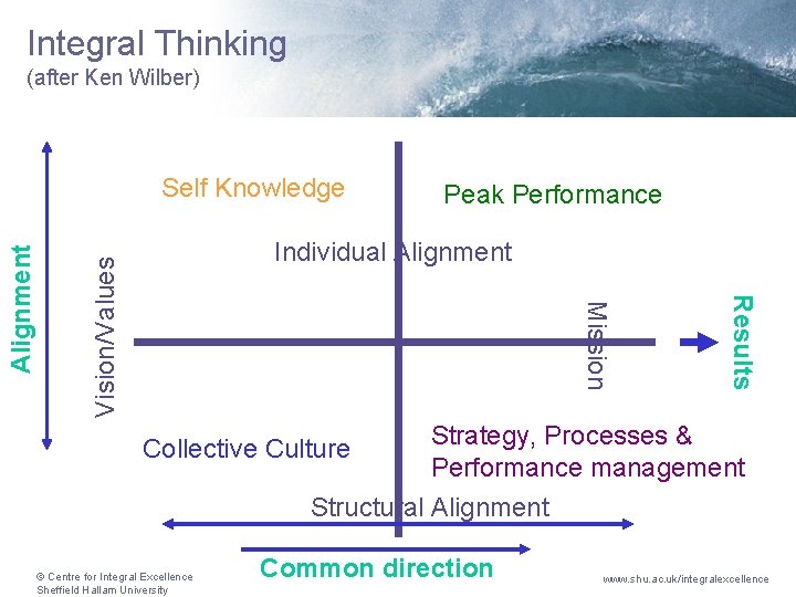 Integral Thinking (after Ken Wilber) Peak Performance Results Vision/Values Individual Alignment Mission Alignment Self