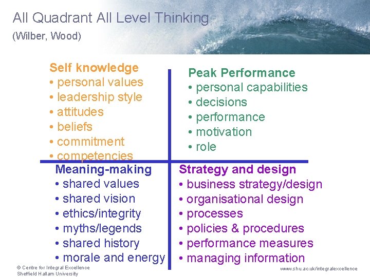 All Quadrant All Level Thinking (Wilber, Wood) Self knowledge • personal values • leadership