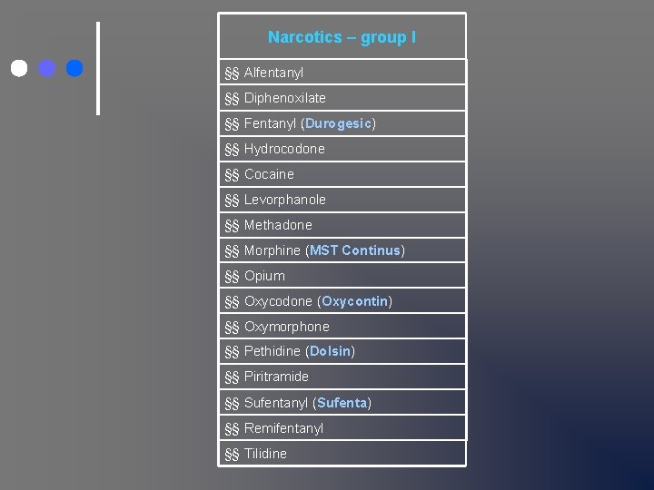 Narcotics – group I §§ Alfentanyl §§ Diphenoxilate §§ Fentanyl (Durogesic) §§ Hydrocodone §§