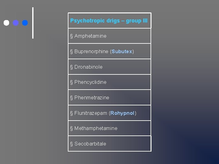 Psychotropic drigs – group III § Amphetamine § Buprenorphine (Subutex) § Dronabinole § Phencyclidine