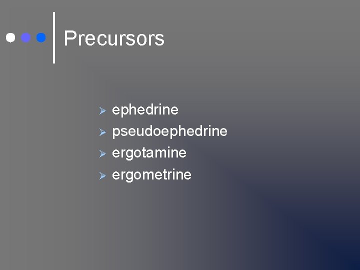 Precursors Ø Ø ephedrine pseudoephedrine ergotamine ergometrine 