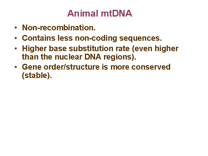 Animal mt. DNA • Non-recombination. • Contains less non-coding sequences. • Higher base substitution