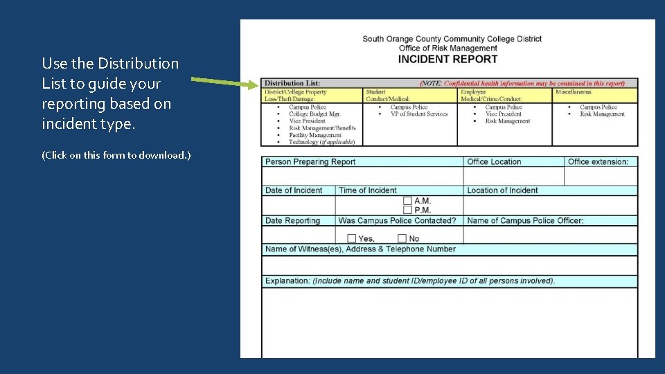 REPORTING AT IVC Use the Distribution List to guide your reporting based on incident
