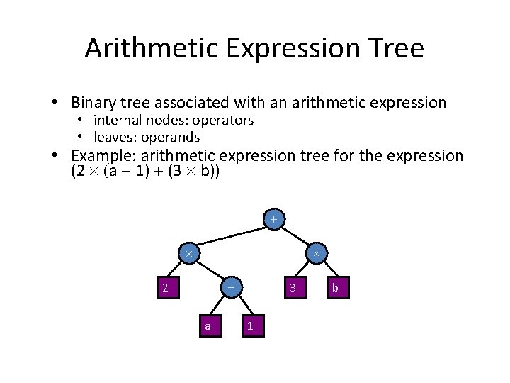 Arithmetic Expression Tree • Binary tree associated with an arithmetic expression • internal nodes: