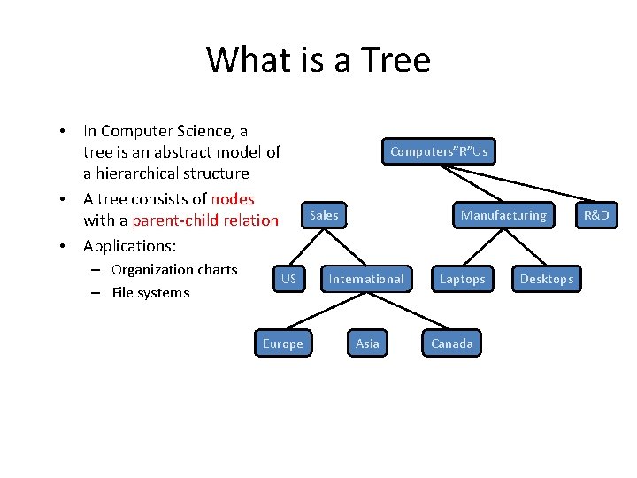 What is a Tree • In Computer Science, a tree is an abstract model