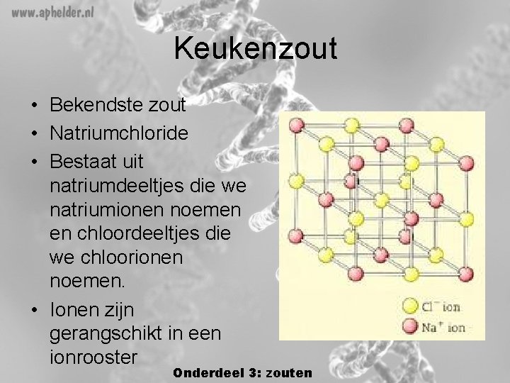 Keukenzout • Bekendste zout • Natriumchloride • Bestaat uit natriumdeeltjes die we natriumionen noemen Keukenzout • Bekendste zout • Natriumchloride • Bestaat uit natriumdeeltjes die we natriumionen noemen