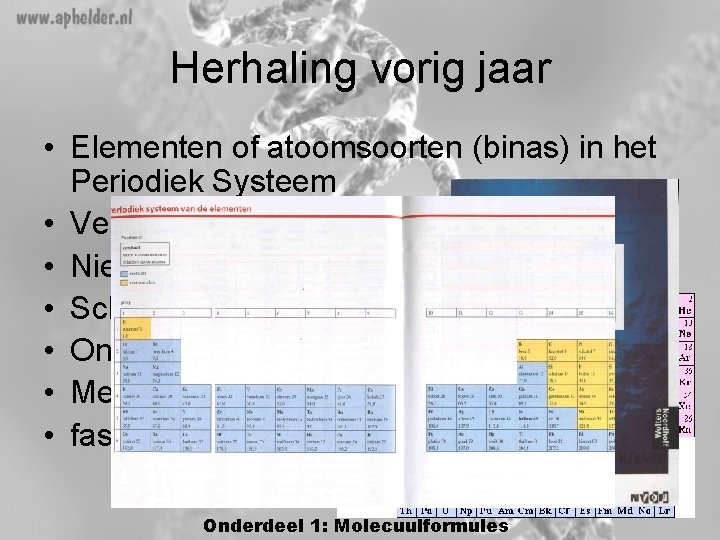Herhaling vorig jaar • Elementen of atoomsoorten (binas) in het Periodiek Systeem • Verbinding Herhaling vorig jaar • Elementen of atoomsoorten (binas) in het Periodiek Systeem • Verbinding