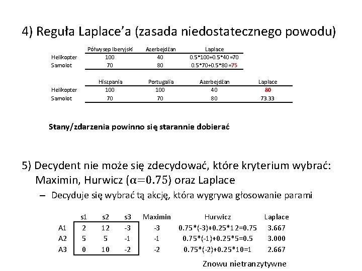 4) Reguła Laplace’a (zasada niedostatecznego powodu) Helikopter Samolot Półwysep Iberyjski 100 70 Hiszpania 100