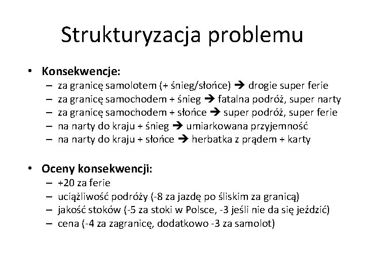 Strukturyzacja problemu • Konsekwencje: – – – za granicę samolotem (+ śnieg/słońce) drogie super