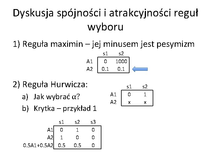 Dyskusja spójności i atrakcyjności reguł wyboru 1) Reguła maximin – jej minusem jest pesymizm Dyskusja spójności i atrakcyjności reguł wyboru 1) Reguła maximin – jej minusem jest pesymizm