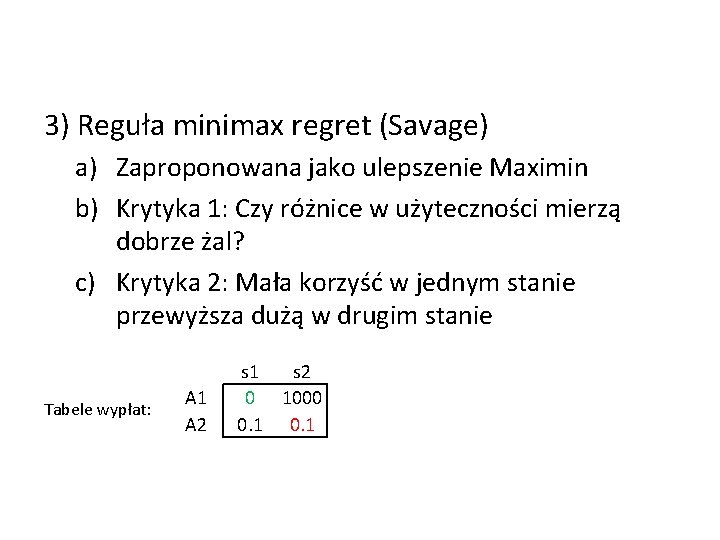 3) Reguła minimax regret (Savage) a) Zaproponowana jako ulepszenie Maximin b) Krytyka 1: Czy