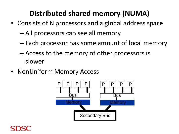 Distributed shared memory (NUMA) • Consists of N processors and a global address space
