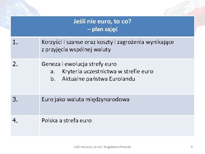 Jeśli nie euro, to co? – plan zajęć 1. Korzyści i szanse oraz koszty