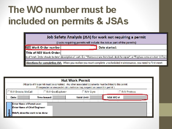 The WO number must be included on permits & JSAs 