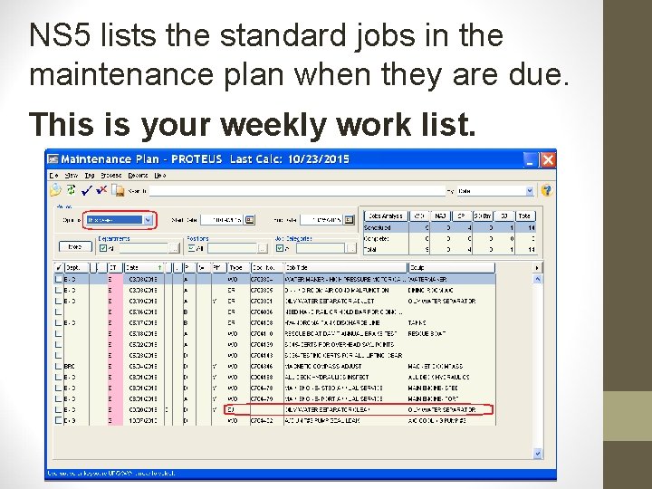 NS 5 lists the standard jobs in the maintenance plan when they are due.