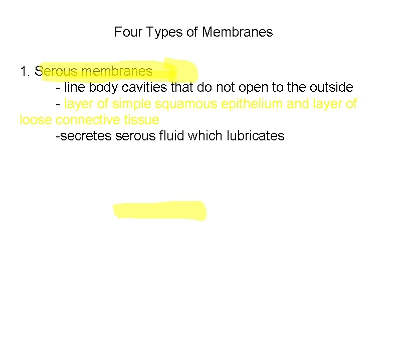 Four Types of Membranes 1. Serous membranes - line body cavities that do not