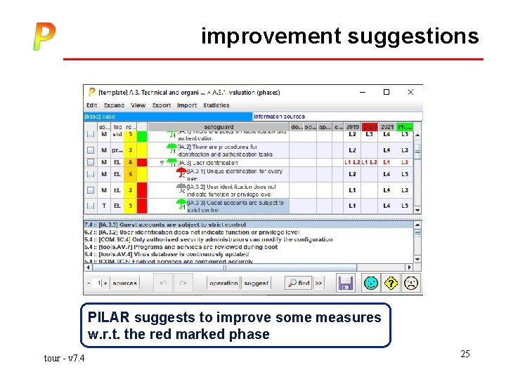 improvement suggestions PILAR suggests to improve some measures w. r. t. the red marked