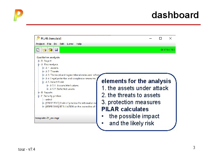 dashboard elements for the analysis 1. the assets under attack 2. the threats to