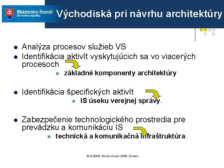 Východiská pri návrhu architektúry l l Analýza procesov služieb VS Identifikácia aktivít vyskytujúcich sa Východiská pri návrhu architektúry l l Analýza procesov služieb VS Identifikácia aktivít vyskytujúcich sa