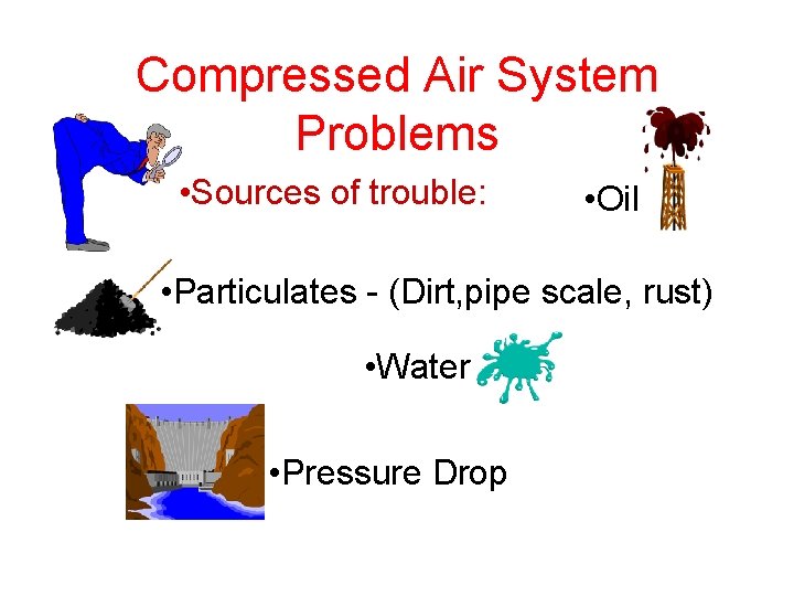 Compressed Air System Problems • Sources of trouble: • Oil • Particulates - (Dirt,