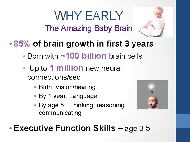 WHY EARLY The Amazing Baby Brain • 85% of brain growth in first 3